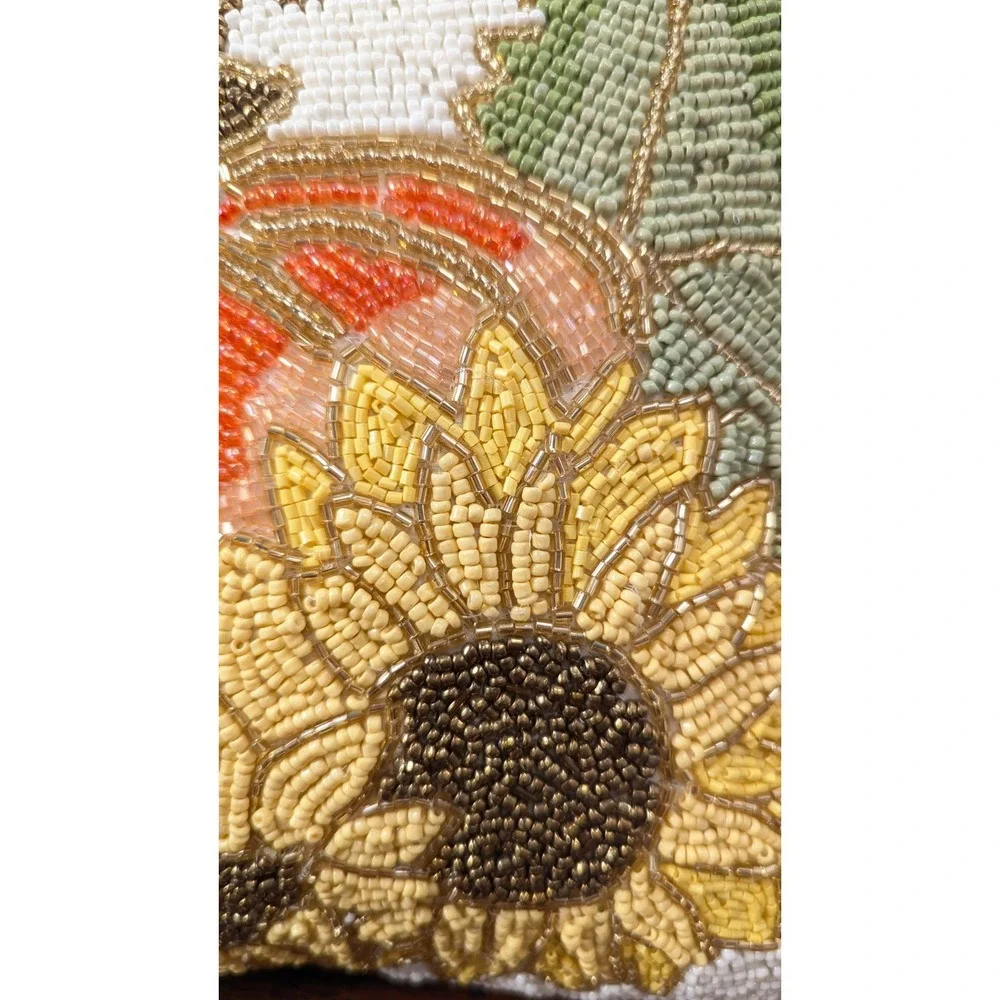 Beaded Pumpkin Sunflower Fall Harvest Throw Pillow White Autumn Decor 11" - Picture 3 of 6